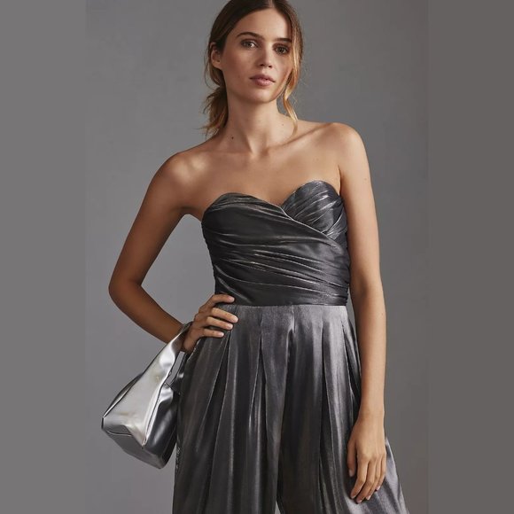 NEW Tall Sizes 4 to 10 Strapless Metallic Shine Jumpsuit, Carbon - Anthropologie - Picture 3 of 5